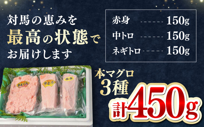 【12/11入金分まで年内発送】対馬産 本マグロ 3種 計450g（赤身/中トロ/ネギトロ）《対馬市》【対海】[WAH002] マグロ まぐろ 鮪 本鮪 本マグロ 養殖 トロ 中トロ 中とろ 赤身 ねぎとろ ネギトロ たたき 刺身 冷凍 海鮮 魚 柵 お祝い 贈答