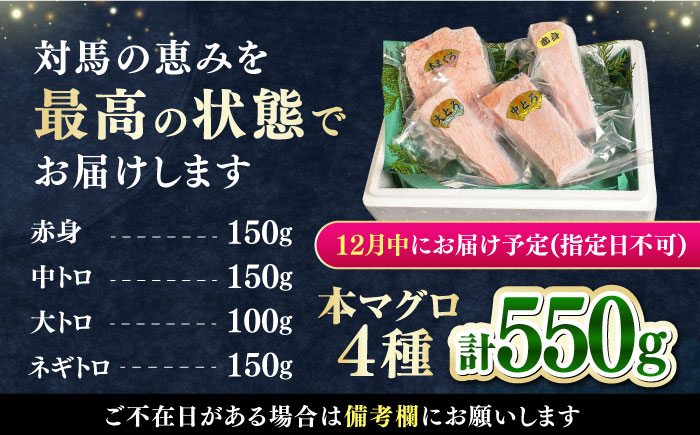 【12月中にお届け】対馬産 養殖 本マグロ 4種×各1パック ( 赤身 / 中トロ / 大トロ / ネギトロ )《対馬市》【対海】 マグロ 鮪 本鮪 トロ [WAH003-12]
