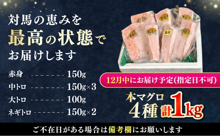 【12月中にお届け】対馬産 養殖 本マグロ 4種 ( 赤身 1パック / 中トロ 3パック / 大トロ 1パック / ネギトロ 2パック)《対馬市》【対海】 マグロ 鮪 本鮪 [WAH004-12]