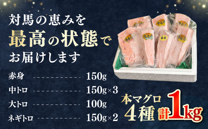 【12/11入金分まで年内発送】対馬産 本マグロ 4種 計1kg（赤身/中トロ/大トロ/ネギトロ）《対馬市》【対海】[WAH004] マグロ まぐろ 鮪 本鮪 本マグロ 養殖 トロ 中トロ 中とろ 大トロ 大とろ 赤身 ねぎとろ ネギトロ たたき 刺身 冷凍 海鮮 魚 柵 お祝い 贈答