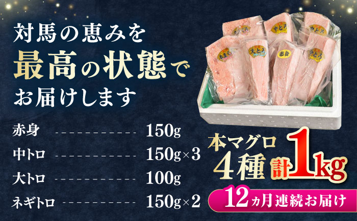 【全12回定期便】対馬産 本マグロ 4種 計1kg（赤身/中トロ/大トロ/ネギトロ）《対馬市》【対海】[WAH008] マグロ まぐろ 鮪 本鮪 本マグロ 養殖 トロ 中トロ 中とろ 大トロ 大とろ 赤身 ねぎとろ ネギトロ たたき 刺身 冷凍 海鮮 魚 柵 お祝い 贈答 定期便 毎月届く