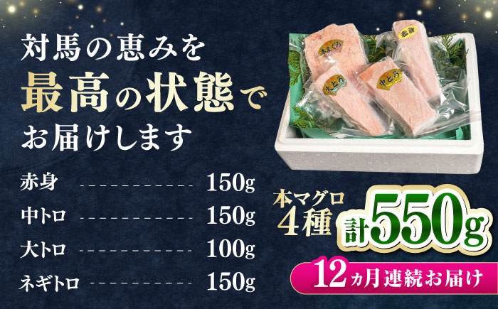 【全12回定期便】対馬産 本マグロ 4種 計550g（赤身/中トロ/大トロ/ネギトロ）《対馬市》【対海】[WAH017] マグロ まぐろ 鮪 本鮪 本マグロ 養殖 トロ 中トロ 中とろ 大トロ 大とろ 赤身 ねぎとろ ネギトロ たたき 刺身 冷凍 海鮮 魚 柵 お祝い 贈答 定期便 毎月届く