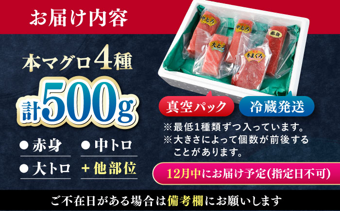 【12月中にお届け】対馬産 生 本マグロ 500g （赤身、中トロ、大トロ）《対馬市》【対海】 中トロ 大トロ まぐろ マグロ 鮪 [WAH025-12]