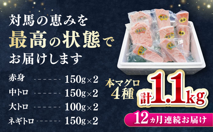 【全12回定期便】 対馬産 本マグロ 4種 計1.1kg（赤身/中トロ/大トロ/ネギトロ）《対馬市》【対海】 冷凍配送 食べ比べ 新鮮 手巻き寿司 海鮮丼 [WAH039]