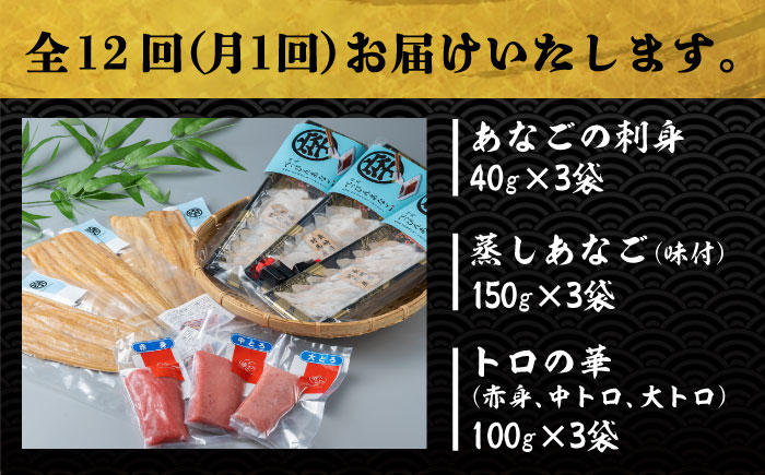 【全12回定期便】べっぴんあなご・トロの華の詰め合わせ《対馬市》【桐谷商店】対馬 新鮮 マグロ 鮪 赤身 中トロ 大トロ アナゴ 穴子 魚介 刺身 鮮度抜群 ご褒美 [WAQ011]