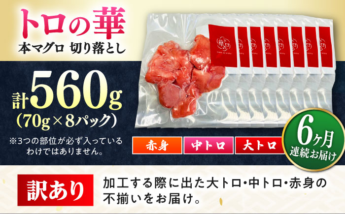 【全6回定期便】訳あり！対馬産 本マグロ 切り落とし 560g（8パック） ≪対馬市≫【桐谷商店】 トロの華 冷凍 新鮮 海鮮 小分け マグロ [WAQ033]