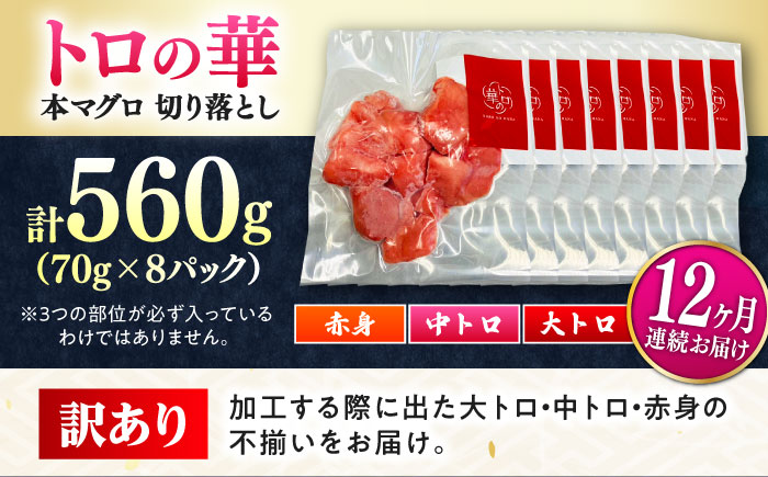 【全12回定期便】訳あり！対馬産 本マグロ 切り落とし 560g（8パック） ≪対馬市≫【桐谷商店】 トロの華 冷凍 新鮮 海鮮 小分け マグロ [WAQ034]
