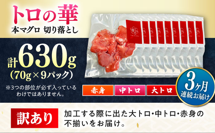 【全3回定期便】訳あり！対馬産 本マグロ 切り落とし 630g（9パック） ≪対馬市≫【桐谷商店】 トロの華 冷凍 新鮮 海鮮 小分け マグロ [WAQ036]