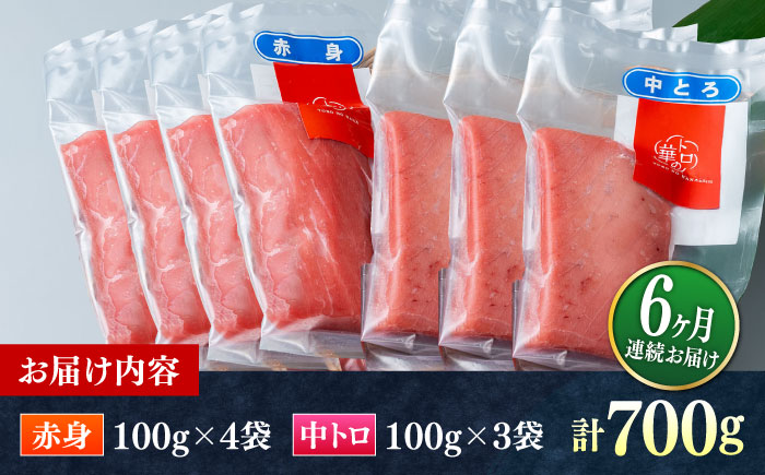 【全6回定期便】対馬産 本マグロ 700g（赤身400g、中トロ300g） ≪対馬市≫【桐谷商店】 トロの華 対馬 新鮮 マグロ トロ 鮪 刺身 鮮度抜群 [WAQ049]