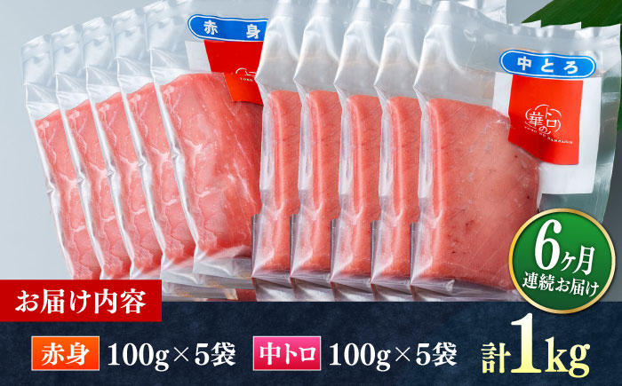 【全6回定期便】対馬産 本マグロ 1kg（赤身500g、中トロ500g） ≪対馬市≫【桐谷商店】 トロの華 対馬 新鮮 マグロ トロ 鮪 刺身 鮮度抜群 [WAQ053]