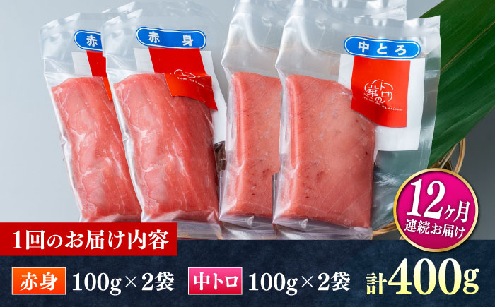 【全12回定期便】対馬産 本マグロ 400g（赤身200g、中トロ200g） ≪対馬市≫【桐谷商店】 トロの華 対馬 新鮮 マグロ 赤身 トロ 鮪 刺身 [WAQ066]