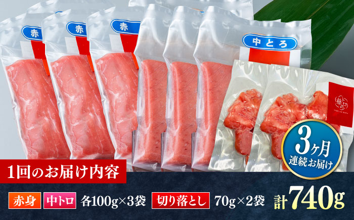 【全3回定期便】対馬産 本マグロ 740g（赤身300g、中トロ300g、切り落とし140g） ≪対馬市≫【桐谷商店】 トロの華 対馬 新鮮 マグロ 赤身 トロ 切り落とし 鮪 刺身 [WAQ080]