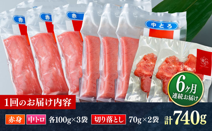 【全6回定期便】対馬産 本マグロ 740g（赤身300g、中トロ300g、切り落とし140g） ≪対馬市≫【桐谷商店】 トロの華 対馬 新鮮 マグロ 赤身 トロ 切り落とし 鮪 刺身 [WAQ081]
