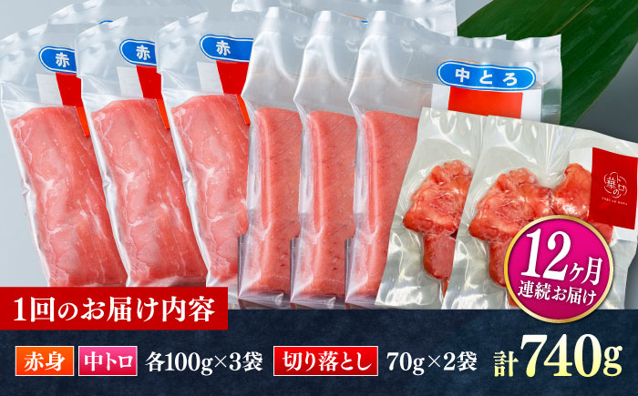 【全12回定期便】対馬産 本マグロ 740g（赤身300g、中トロ300g、切り落とし140g） ≪対馬市≫【桐谷商店】 トロの華 対馬 新鮮 マグロ 赤身 トロ 切り落とし 鮪 刺身 [WAQ082]