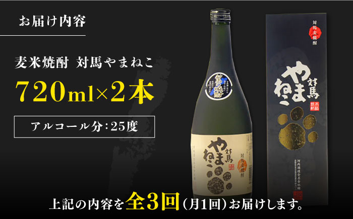 【全3回定期便】麦米焼酎 対馬やまねこ 25度 720ml 2本セット《対馬市》【株式会社サイキ】対馬 酒 贈り物 米焼酎 プレゼント 焼酎 [WAX022]