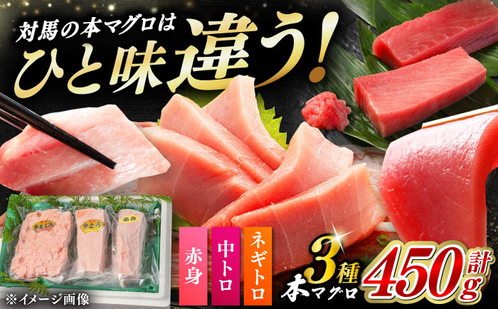 【12/11入金分まで年内発送】対馬産 本マグロ 3種 計450g（赤身/中トロ/ネギトロ）《対馬市》【対海】[WAH002] マグロ まぐろ 鮪 本鮪 本マグロ 養殖 トロ 中トロ 中とろ 赤身 ねぎとろ ネギトロ たたき 刺身 冷凍 海鮮 魚 柵 お祝い 贈答