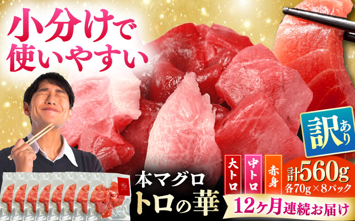 【全12回定期便】訳あり！対馬産 本マグロ 切り落とし 560g（8パック） ≪対馬市≫【桐谷商店】 トロの華 冷凍 新鮮 海鮮 小分け マグロ [WAQ034]