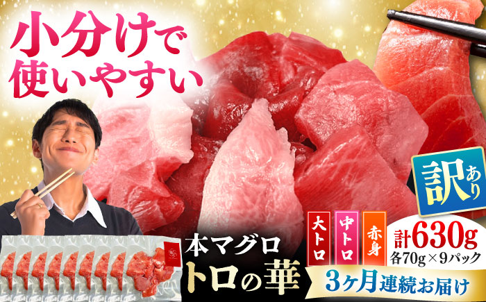 【全3回定期便】訳あり！対馬産 本マグロ 切り落とし 630g（9パック） ≪対馬市≫【桐谷商店】 トロの華 冷凍 新鮮 海鮮 小分け マグロ [WAQ036]