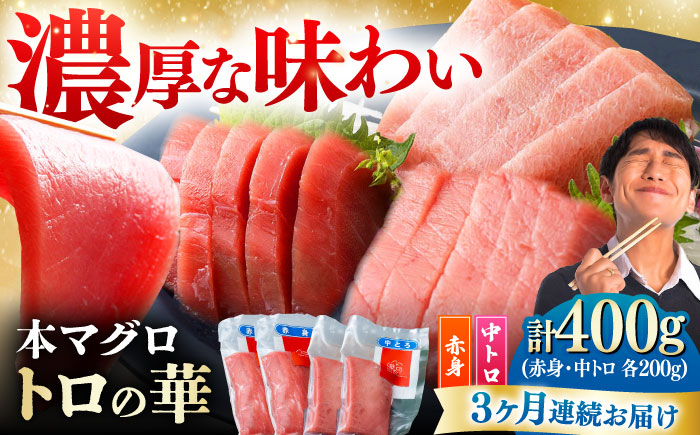 【全3回定期便】対馬産 本マグロ 400g（赤身200g、中トロ200g） ≪対馬市≫【桐谷商店】 トロの華 対馬 新鮮 マグロ 赤身 トロ 鮪 刺身 [WAQ064]