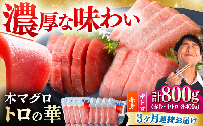 【全3回定期便】対馬産 本マグロ 800g（赤身400g、中トロ400g） ≪対馬市≫【桐谷商店】 トロの華 対馬 新鮮 マグロ 赤身 トロ 鮪 刺身 [WAQ072]