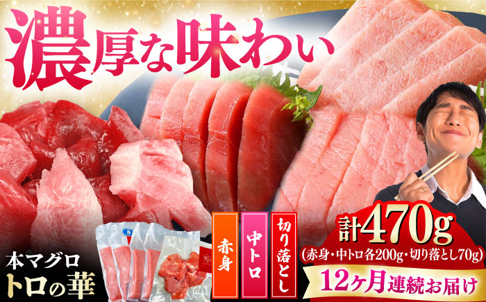 【全12回定期便】対馬産 本マグロ 470g（赤身200g、中トロ200g、切り落とし70g） ≪対馬市≫【桐谷商店】 トロの華 対馬 新鮮 マグロ 赤身 トロ 切り落とし 鮪 刺身 [WAQ078]