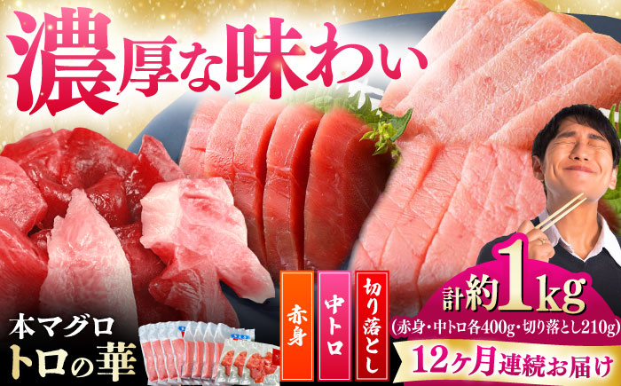 【全12回定期便】対馬産 本マグロ 約1kg（赤身400g、中トロ400g、切り落とし210g） ≪対馬市≫【桐谷商店】 トロの華 対馬 新鮮 マグロ 赤身 トロ 切り落とし 鮪 刺身 [WAQ086]