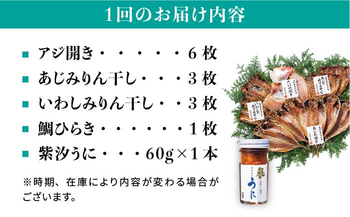 【全6回定期便】紫うに・干魚セット    ウニ うに 干物 ひもの あじ アジ いわし イワシ みりん干し 定期便 [JAO031] 138000 138000円