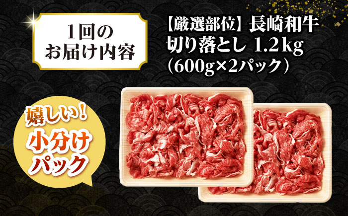 【全3回定期便】【訳あり】【A4~A5ランク】長崎和牛 切り落とし 1.2kg(600g×2パック）《壱岐市》【株式会社MEAT PLUS】 肉 牛肉 黒毛和牛 焼き肉 ご褒美 冷凍配送 訳あり A5 黒毛和牛 ギフト [JGH044]