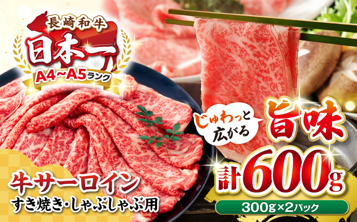 【厳選部位】A4～A5ランク 長崎和牛 サーロイン スライス 600g（300g×2パック）（すき焼き・しゃぶしゃぶ）《壱岐市》【株式会社MEAT PLUS】肉 牛肉 黒毛和牛 鍋 ご褒美 冷凍配送 [JGH012]