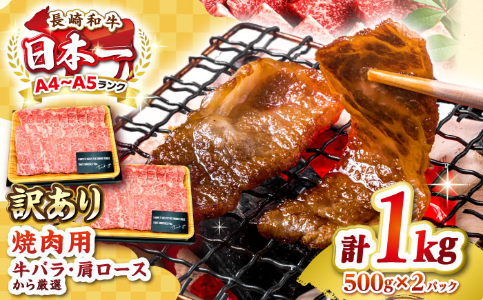 【訳あり】【A4～A5ランク】長崎和牛 焼肉切り落とし 1kg（500g×2パック）(肩ロース・バラ）《壱岐市》【株式会社MEAT PLUS】 肉 牛肉 黒毛和牛 焼き肉 ご褒美 焼肉 焼肉用 ギフト 贈答用 ご褒美 冷凍配送 A4 A5 [JGH022]