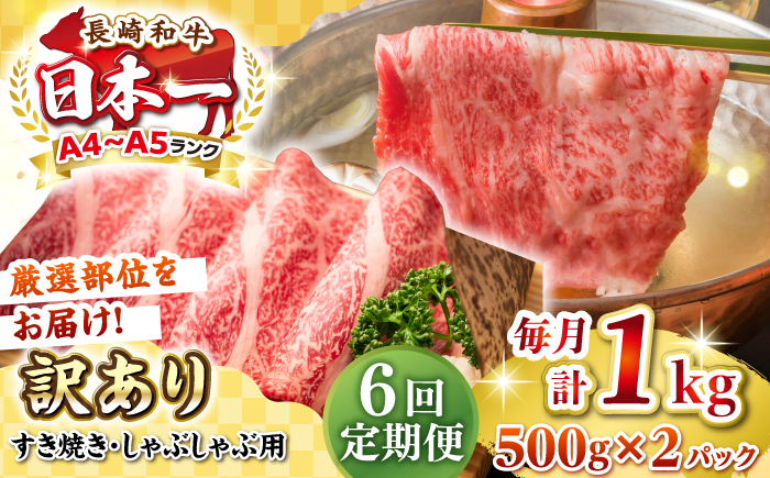 【全6回定期便】【訳あり】【A4~A5ランク】長崎和牛 しゃぶしゃぶ・すき焼き用 1kg(500g×2パック)（肩ロース肉・肩バラ肉・モモ肉）《壱岐市》【株式会社MEAT PLUS】 肉 牛肉   訳あり しゃぶしゃぶ用 すき焼用 A5 [JGH065] 100000 100000円 10万円