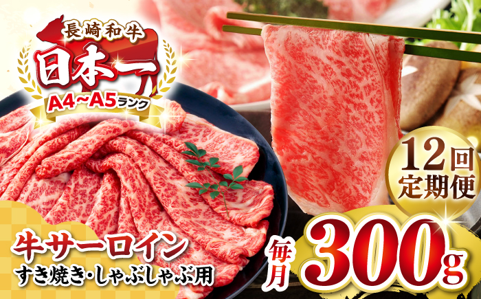 【全12回定期便】【厳選部位】【A4～A5ランク】 長崎和牛 サーロイン スライス 300g（すき焼き・しゃぶしゃぶ）《壱岐市》【株式会社MEAT PLUS】肉 牛肉 黒毛和牛 サーロイン ご褒美 [JGH074] 100000 100000円 10万円