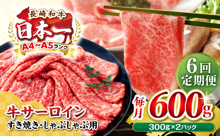 【全6回定期便】【厳選部位】【A4～A5ランク】 長崎和牛 サーロイン スライス 600g（300g×2パック）（すき焼き・しゃぶしゃぶ）《壱岐市》【株式会社MEAT PLUS】肉 牛肉 黒毛和牛 鍋 ご褒美 冷凍配送 [JGH081]