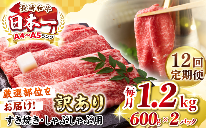 【全12回定期便】【訳あり】【A4～A5ランク】 長崎和牛 赤身 霜降り しゃぶしゃぶ・すき焼き用 1.2kg(600g×2パック)（肩・モモ）《壱岐市》【株式会社MEAT PLUS】 肉 牛肉 訳あり しゃぶしゃぶ用 すき焼用 A5 [JGH102]