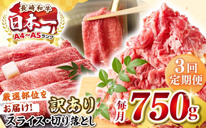 【全3回定期便】【訳あり】【A4～A5ランク】 長崎和牛 しゃぶしゃぶ・すき焼きセット 750g《壱岐市》【株式会社MEAT PLUS】　肉 牛肉 黒毛和牛 鍋 冷凍配送 訳あり 切り落とし しゃぶしゃぶ用 すき焼用 A4 A5 [JGH104]