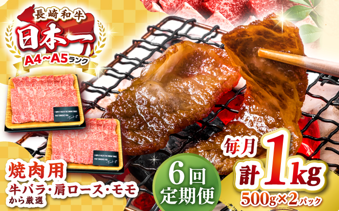 【全6回定期便】【A4～A5ランク】長崎和牛 焼肉用 1kg（500g×2パック）《壱岐市》【株式会社MEAT PLUS】肉 牛肉 黒毛和牛 焼き肉 焼肉 焼肉用 ギフト 贈答用 ご褒美 冷凍配送 A4 A5 [JGH113] 100000 100000円 10万円