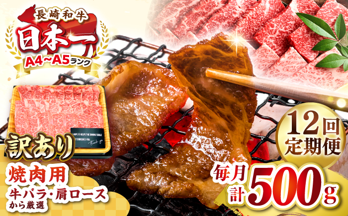 【全12回定期便】【訳あり】【A4～A5ランク】長崎和牛 焼肉切り落とし 500g (肩ロース・バラ）《壱岐市》【株式会社MEAT PLUS】 肉 牛肉 黒毛和牛 焼き肉 ご褒美 焼肉 焼肉用 ギフト 贈答用 ご褒美 冷凍配送 A4 A5 [JGH118] 200000 200000円 20万円