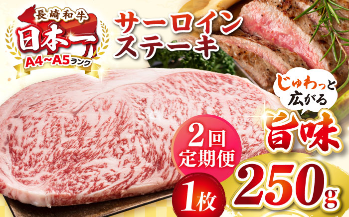 【全2回定期便】【A4～A5ランク】長崎和牛 サーロインステーキ 250g（250g×1枚）《壱岐市》【株式会社MEAT PLUS】 肉 牛肉 黒毛和牛 サーロイン ステーキ ご褒美 ギフト 贈答用 ご褒美 冷凍配送 A4 A5 [JGH123]