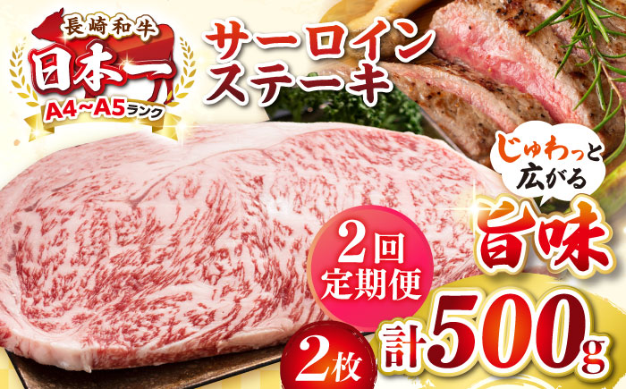【全2回定期便】【A4～A5ランク】長崎和牛 サーロインステーキ 500g（250g×2枚）《壱岐市》【株式会社MEAT PLUS】 肉 牛肉 黒毛和牛 サーロイン ステーキ ご褒美 ギフト 贈答用 ご褒美 冷凍配送 A4 A5 [JGH127]