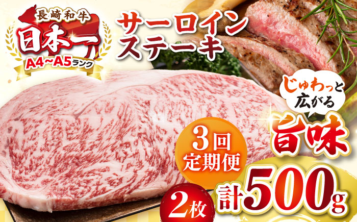 【全3回定期便】【A4～A5ランク】長崎和牛 サーロインステーキ 500g（250g×2枚）《壱岐市》【株式会社MEAT PLUS】 肉 牛肉 黒毛和牛 サーロイン ステーキ ご褒美 ギフト 贈答用 ご褒美 冷凍配送 A4 A5 [JGH128]