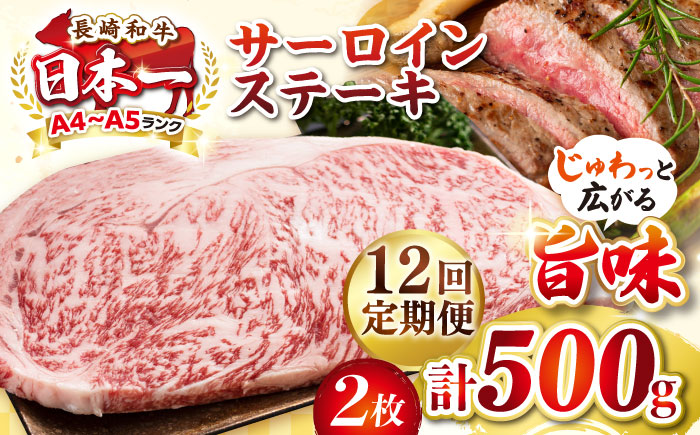 【全12回定期便】【A4～A5ランク】長崎和牛 サーロインステーキ 500g（250g×2枚）《壱岐市》【株式会社MEAT PLUS】 肉 牛肉 黒毛和牛 サーロイン ステーキ ご褒美 ギフト 贈答用 ご褒美 冷凍配送 A4 A5 [JGH130]