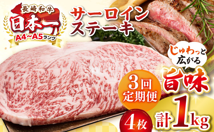 【全3回定期便】【A4～A5ランク】長崎和牛 サーロインステーキ 1kg（250g×4枚）《壱岐市》【株式会社MEAT PLUS】 肉 牛肉 黒毛和牛 サーロイン ステーキ ご褒美 ギフト 贈答用 ご褒美 冷凍配送 A4 A5 [JGH132]