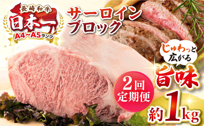 【全2回定期便】【A4～A5ランク】長崎和牛 サーロインブロック　約1kg《壱岐市》【株式会社MEAT PLUS】 肉 牛肉 黒毛和牛 サーロイン ステーキ ブロック ご褒美 ギフト 贈答用 ご褒美 冷凍配送 A4 A5 [JGH135]