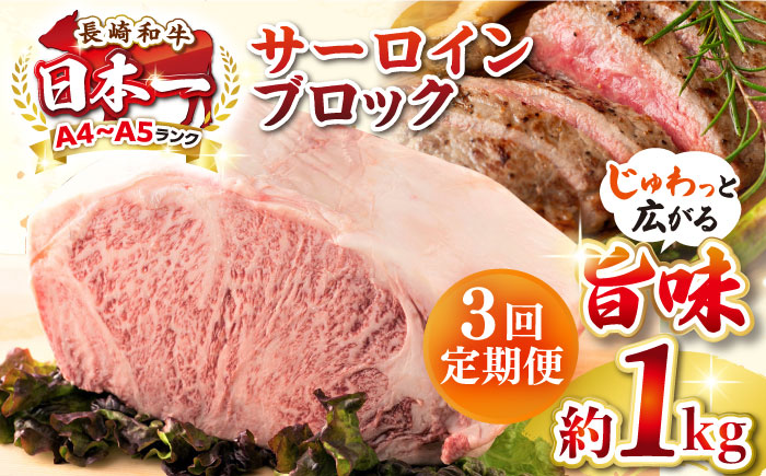 【全3回定期便】【A4～A5ランク】長崎和牛 サーロインブロック　約1kg《壱岐市》【株式会社MEAT PLUS】 肉 牛肉 黒毛和牛 サーロイン ステーキ ブロック ご褒美 ギフト 贈答用 ご褒美 冷凍配送 A4 A5 [JGH136]