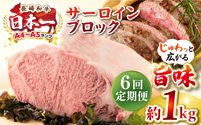 【全6回定期便】【A4～A5ランク】長崎和牛 サーロインブロック　約1kg《壱岐市》【株式会社MEAT PLUS】 肉 牛肉 黒毛和牛 サーロイン ステーキ ブロック ご褒美 ギフト 贈答用 ご褒美 冷凍配送 A4 A5 [JGH137] 200000 200000円 20万円