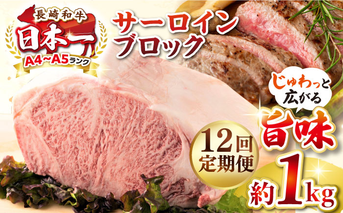 【全12回定期便】【A4～A5ランク】長崎和牛 サーロインブロック　約1kg《壱岐市》【株式会社MEAT PLUS】 肉 牛肉 黒毛和牛 サーロイン ステーキ ブロック ご褒美 ギフト 贈答用 ご褒美 冷凍配送 A4 A5 [JGH138]