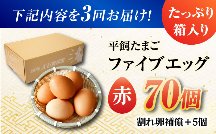 【全3回定期便】【箱入り】平飼たまご ファイブエッグ M～Lサイズ 70個 / 5EGG 卵 赤玉子五島市 / 五島列島大石養鶏場 [PFQ029]