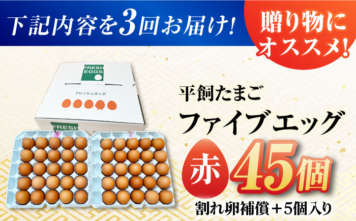 【3回定期便】【箱入り】平飼たまご ファイブエッグ M～Lサイズ 45個 / 5EGG 卵 赤玉子 五島市 / 五島列島大石養鶏場 [PFQ042]
