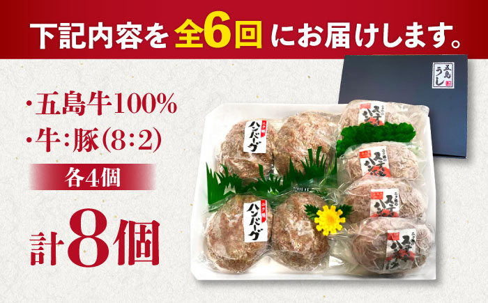 【6回定期便】五島牛 ハンバーグ2種 8個（各4個） 五島市/ニク勝[PBF019]  はんばーぐ 牛肉 牛 にく おかず 国産 冷凍