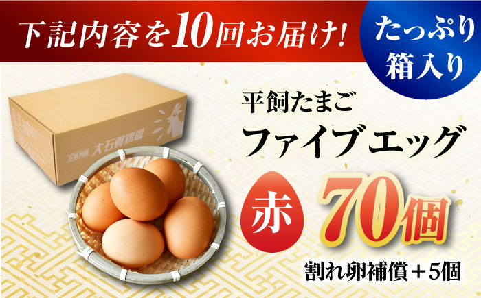 【全10回定期便】【箱入り】平飼たまご ファイブエッグ M～Lサイズ 70個 / 5EGG 卵 赤玉子五島市 / 五島列島大石養鶏場 [PFQ031]